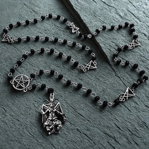 Baphomet Rosary Necklace – Occult Left Hand Path Jewelry, Seal of Baphomet Beads, Satanic Goat Altar Gift, Gothic Ritual Rosary