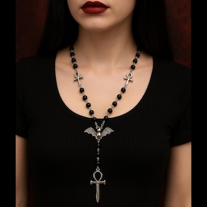 Vampire Ankh Rosary Necklace: Beaded Bat Cross, Gothic Jewelry