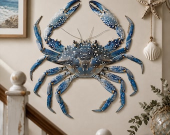 May include: A large, wall-mounted metal crab sculpture featuring a vibrant blue shell with white speckled patterns. The crab has two prominent claws extended upward, multiple articulated legs, and thin antennae, creating a detailed representation.