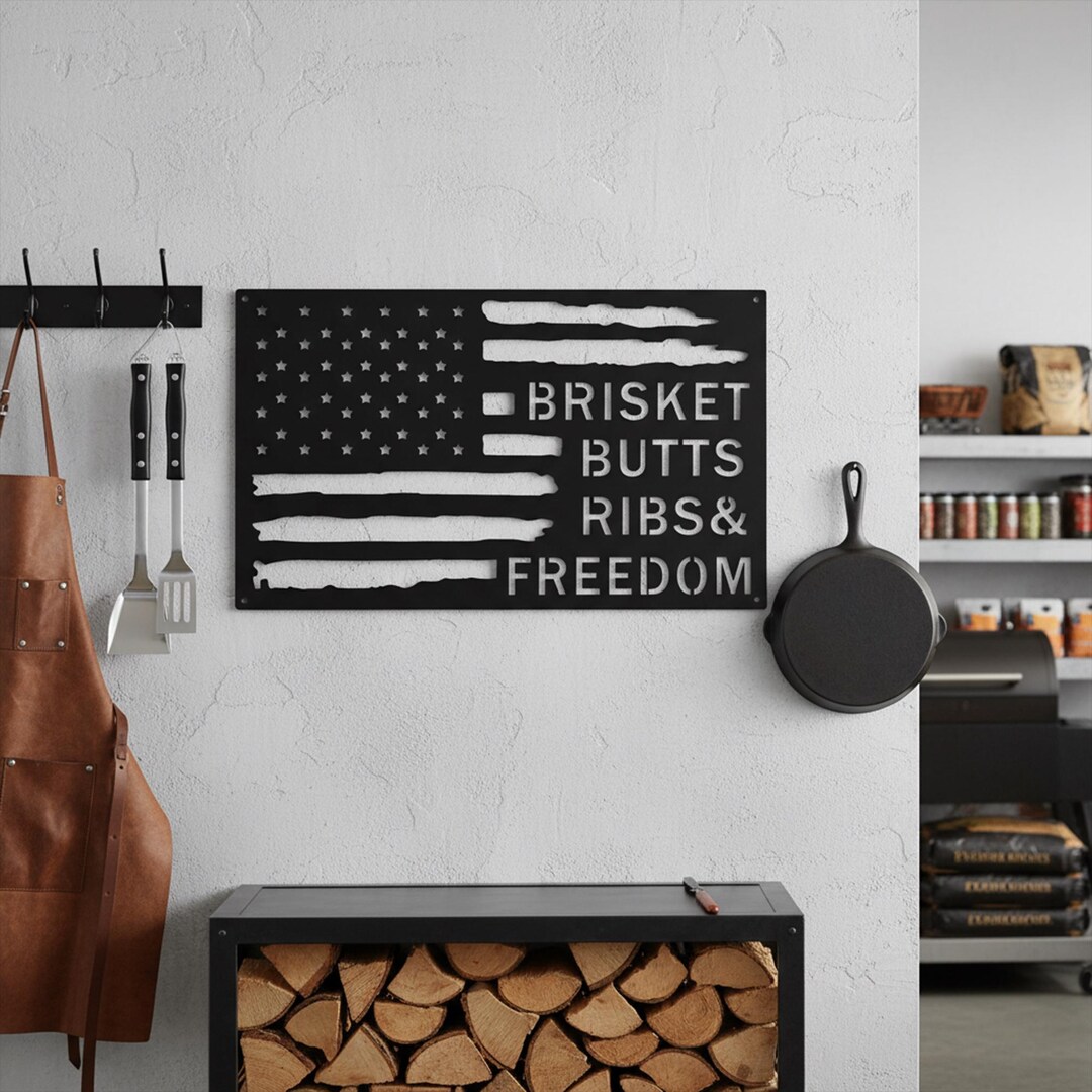 Sign Posts With Ribs American Flag BBQ Wall Sign, Butts, Ribs, and Freedom Metal Sign, BBQ ...
