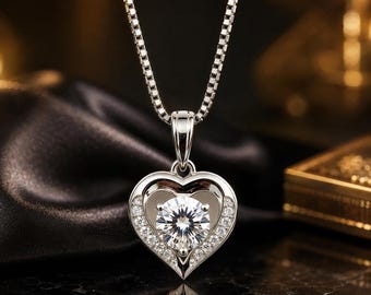 Moissanite Pendant, 925 Sterling Silver Engraved Heart Necklace