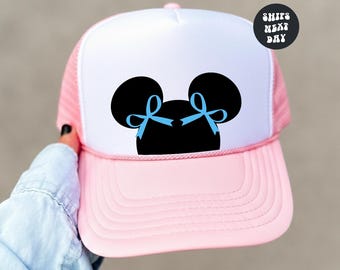 Gorra de Minnie Mouse de Disney, gorra de camionero de Minnie Mouse, gorra de viaje para niñas de Disney, gorra de Disney a juego, gorra con orejas de ratón, gorra de lazo azul de Coquette