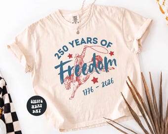 Retro 250 Years of Freedom Cowboy Horse Boxy Tee 1776 - 2026 Cowgirl Comfort Colors® Boxy Tee 4th of July Crop Top Patriotic Cowboy Tank Top