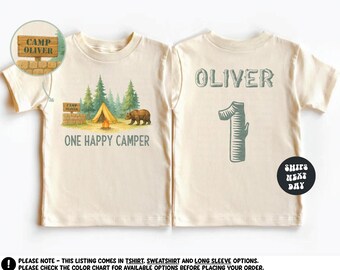 Camiseta personalizada de cumpleaños de un campista feliz, camiseta a juego para el primer cumpleaños de acampada familiar, sudadera con temática de acampada para el primer cumpleaños, camiseta para fiesta de cumpleaños