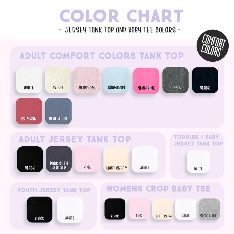 The image is a color chart that lists various adult and toddler/baby t-shirt colors, including white, black, pink, and gray.