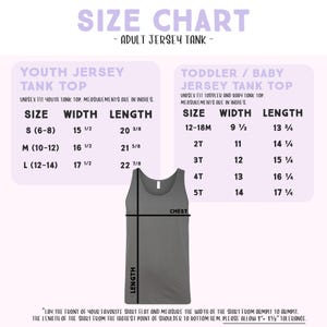 The image is a size chart for an adult jersey tank top, providing measurements and corresponding tank tops for different age groups.