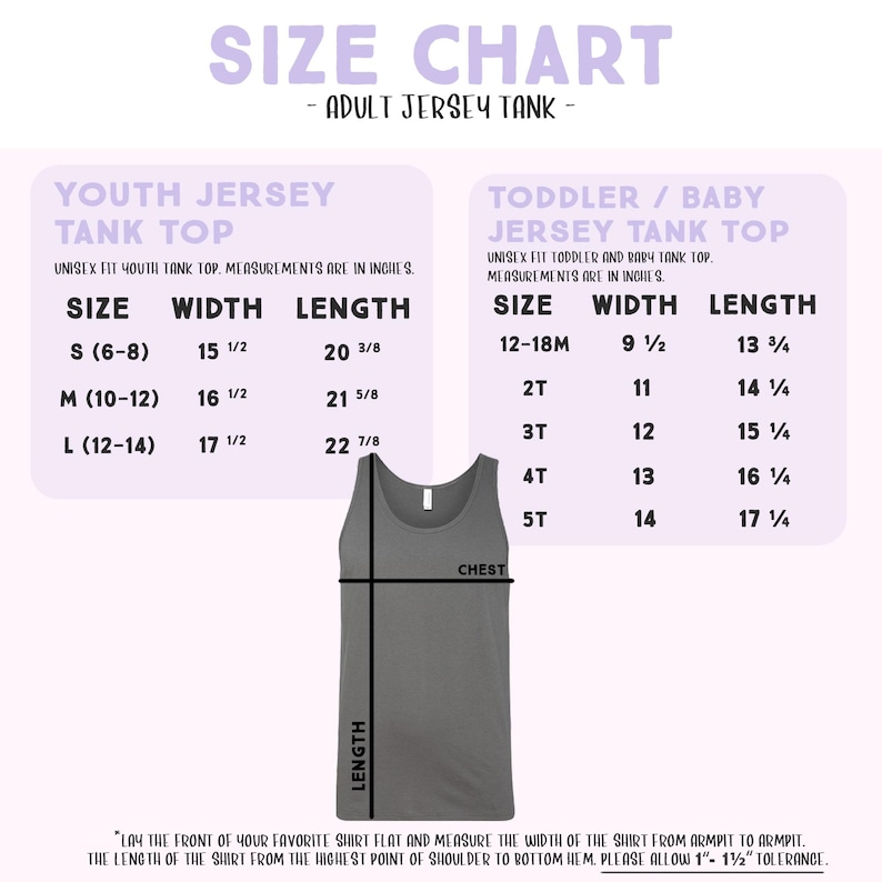 The image is a size chart for an adult jersey tank top, providing measurements and corresponding tank tops for different age groups.