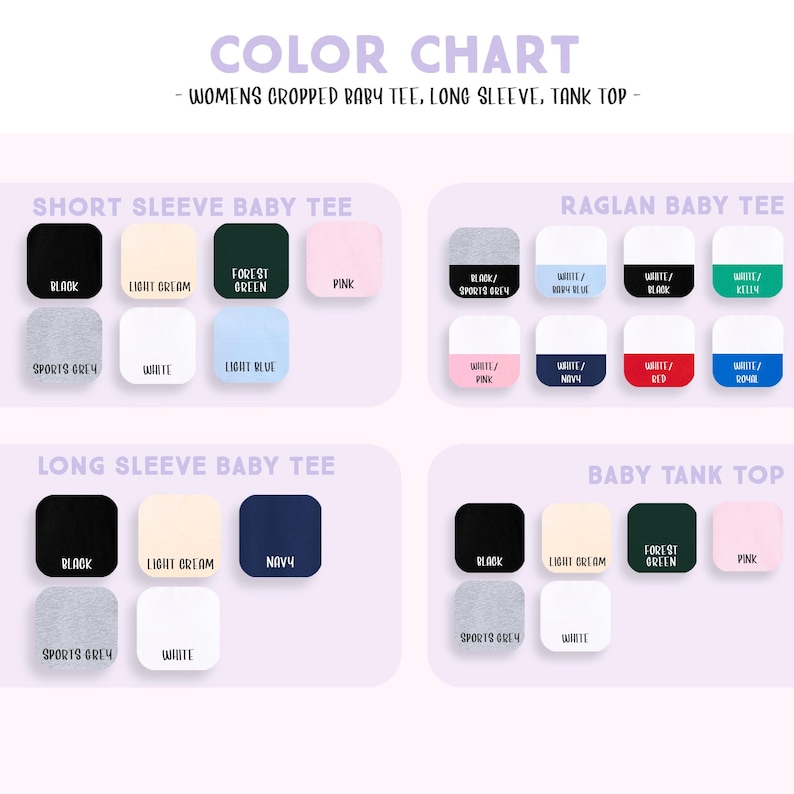 The image is a color chart that displays various baby t-shirt colors and their corresponding names. It includes short sleeve, long sleeve, and tank tops in different colors such as black, light blue, green, pink, white, navy, and sports gray.
