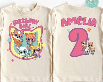 Camiseta de cumpleaños de SuperKitties para niña, camiseta personalizada de gato súper personalizada, camisetas a juego de dibujos animados, camiseta personalizada de gatitos para fiesta de cumpleaños