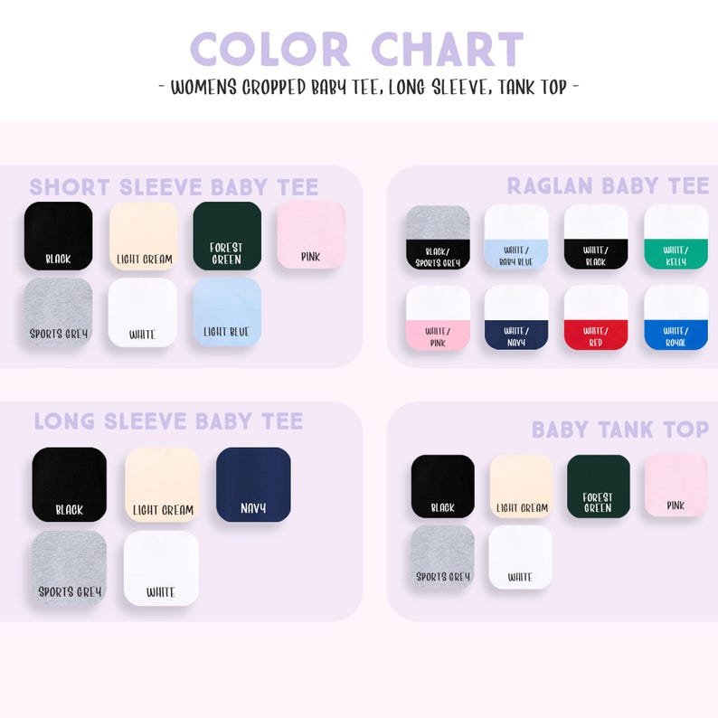 The image is a color chart that displays various baby t-shirt colors and their corresponding names. It includes short sleeve, long sleeve, and tank tops in different colors such as black, light blue, green, pink, white, navy, and sports gray.