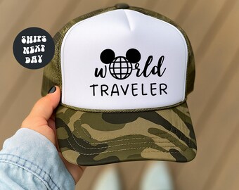 Gorra de camionero World Traveler Epcot Mickey Mouse Tallas para adultos y jóvenes Gorra de camionero de espuma Orejas de Mickey Gorra Epcot Magic Kingdom Gorra para viaje a Disney