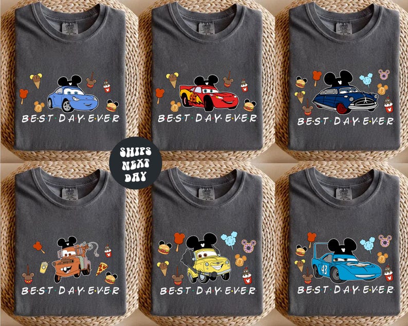 The image is a collage of six t-shirts, each featuring a different cartoon car character and the text "BEST DAY EVER". The characters include Mickey Mouse, Donald Duck, Goofy, and Spongebob Squarepants. The t-shirts are arranged in a grid pattern, with each t-shirt having the same design and text.