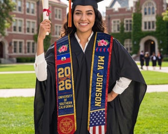 Custom Graduation Stole Class of 2026, Personalized Red Sash, Gold Border Grad Gift