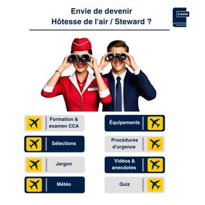 Puede incluir: Imagen promocional de una carrera en aviación. Una mujer con uniforme rojo y un hombre con traje azul marino sostienen binoculares. El texto incluye "Envie de devenir Hôtesse de l'air / Steward?" y temas como "Formation & examen CCA".