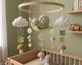 Crochet Snail Baby Mobile, Woodland Crib Mobile, Snail Nursery Decor, Garden Baby Mobile, Crochet Nursery Mobile, Neutral Baby Gift