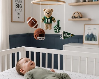Custom Football Bear Baby Mobile, Crochet Sports Crib Mobile, Football Nursery Decor, Teddy Bear Baby Mobile, Baby Shower Gift, Newborn Gift
