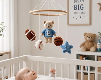Sports Bear Baby Mobile, Crochet Crib Mobile, Handmade Teddy Bear Nursery Decor, Personalized Baby Mobile, Baby Shower Gift, Newborn Gift