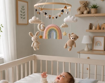 Rainbow Baby Mobile, Handmade Crochet Crib Mobile, Boho Nursery Decor, Bunny Bear Mobile, Baby Shower Gift, Nursery Mobile, Newborn Gift