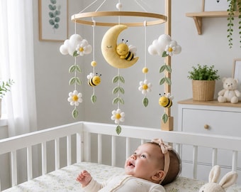 Bee Baby Mobile, Felt Moon Crib Mobile, Bumble Bee Daisy Nursery Decor, Floral Woodland Mobile, Gender Neutral Baby Shower Gift,Newborn Gift
