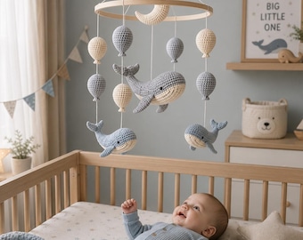 Whale Crochet Baby Mobile, Handmade Crochet Whale Crib Mobile, Ocean Nursery Decor, Neutral Baby Mobile, Baby Shower Gift, Newborn Gift