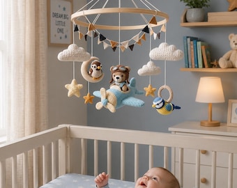 Airplane Crochet Baby Mobile, Handmade Crochet Crib Mobile, Pilot Bear Nursery Decor, Aviation Baby Mobile, Baby Shower Gift, Newborn Gift