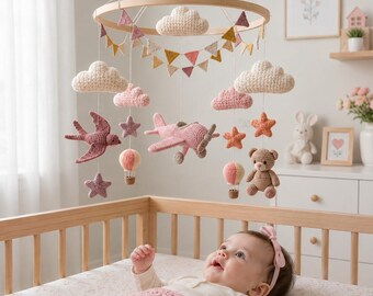Pink Airplane Baby Mobile, Crochet Baby Crib Mobile, Vintage Aviation Nursery Decor, Teddy Bear & Swallow Mobile, Baby Girl Shower Gift
