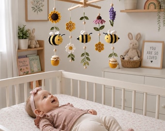 Bee Baby Mobile, Crochet Bee Crib Mobile, Sunflower Nursery Decor, Honey Bee Baby Mobile, Baby Shower Gift, Handmade Crochet Baby Mobile