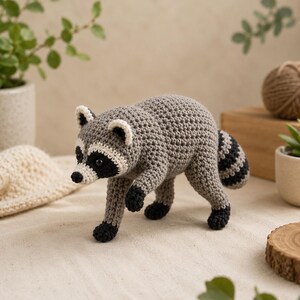 May include: A handcrafted crochet raccoon toy featuring a grey body, a black and white facial mask, and a striped tail. The stuffed animal has small black eyes, a black nose, and black paws, with a textured yarn construction throughout its form.