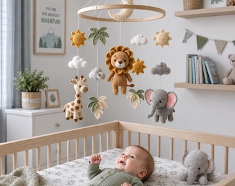 Crochet Safari Baby Mobile, Handmade Crochet Crib Mobile, Lion Giraffe Elephant Nursery Decor, Neutral Baby Mobile, Baby Shower Gift
