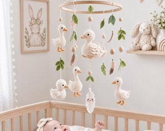 Woodland Duck Crochet Baby Mobile, Nursery Crib Mobile, Farm Animal Baby Mobile, Crochet Duck Nursery Decor, Neutral Baby Shower Gift