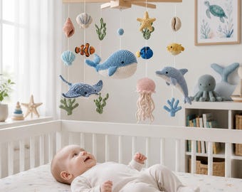 Crochet Ocean Baby Mobile, Handmade Sea Animals Crib Mobile, Nautical Nursery Decor, Whale Mobile, Baby Shower Gift, Handmade Baby Mobile