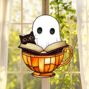 Decoration Window Hanging Ghost and Black Cat Book Suncatcher Acrylic or Glass Halloween Gift for Book Lovers Home Library Ornament
