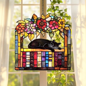 Schwarze Katze und Buch Acryl Suncatcher Fenster Hängedekoration Katze auf Bücherregal Ornament Buchliebhaber Geschenk Wohnkultur für Katzenliebhaber Bibliothekarin