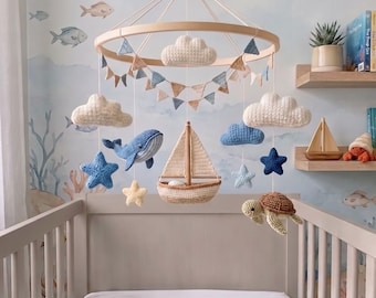 Ocean Baby Mobile, Crochet Sailboat Baby Crib Mobile, Whale & Turtle Nursery Decor, Nautical Baby Mobile, Baby Shower Gift, Newborn Gift