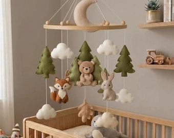 Woodland Baby Mobile, Felt Forest Crib Mobile, Fox Bear Bunny Nursery Decor, Moon Cloud Mobile, Newborn Gift, Handmade Baby Shower Gift