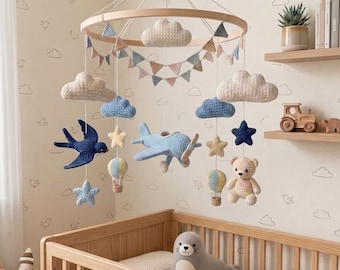 Airplane Baby Mobile, Crochet Baby Crib Mobile, Vintage Aviation Nursery Decor, Teddy Bear & Swallow Mobile, Baby Shower Gift, Newborn Gift