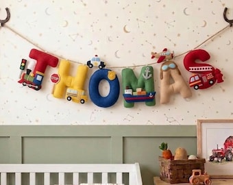 Personalized Felt Name Garland, Transportation Nursery Name Banner, Custom Vehicle Name Sign, Boy Nursery Decor, Baby Room Decor