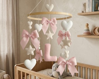 Custom Name Pink Bow Baby Mobile, Felt Heart Star Crib Mobile, Coquette Nursery Decor, Pastel Baby Girl Mobile, Newborn Baby Shower Gift