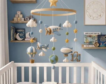 Travel Baby Mobile, Felt Airplane Crib Mobile, Hot Air Balloon Airship Nursery Decor, Adventure Nursery, Newborn Gift, Baby Shower Gift