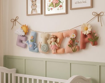 Personalized Felt Name Garland, Fairy Garden Name Banner, Woodland Nursery Decor, Custom Baby Name Garland, Fairy Nursery Wall Decor