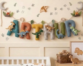 Personalized Felt Name Garland, Dinosaur Nursery Name Banner, Custom Dino Baby Name Sign, Dinosaur Room Decor, Felt Nursery Wall Decor