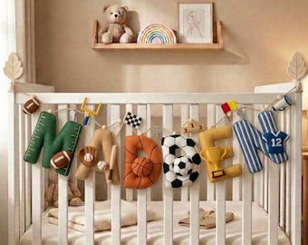Sports Nursery Name Banner, Personalized Baby Boy Name Sign, Sports Theme Nursery Decor, Baby Athlete Room Decor, Felt Wall Hanging