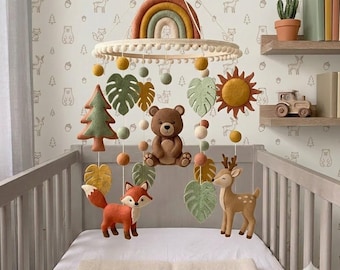 Woodland Baby Mobile, Forest Animal Crib Mobile, Bear Fox Deer Nursery Mobile, Felt Rainbow Mobile, Woodland Nursery Decor, Baby Shower Gift