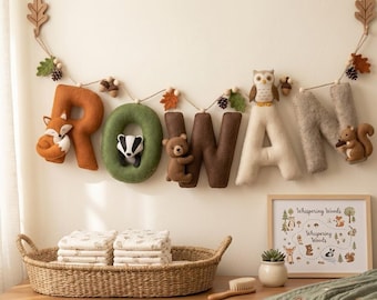 Woodland Animal Name Banner, Personalized Felt Nursery Decor, Woodland Nursery Wall Hanging, Forest Animal Baby Room Decor, Baby Name Sign