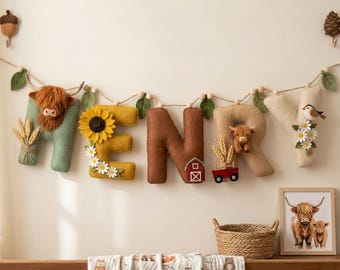 Personalized Felt Name Garland, Farmhouse Nursery Name Banner, Highland Cow Baby Decor, Farm Animal Name Sign, Rustic Nursery Wall Decor