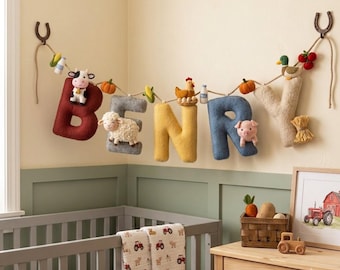 Personalized Felt Name Garland, Farmhouse Nursery Name Banner, Farm Animal Baby Decor, Custom Felt Name Sign, Baby Shower Gift,Nursery Decor