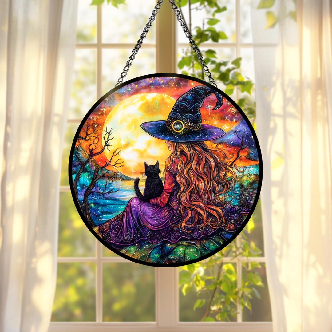 Stained Glass Witch and Cat Window Hanging Decoration Full Moon Art ...