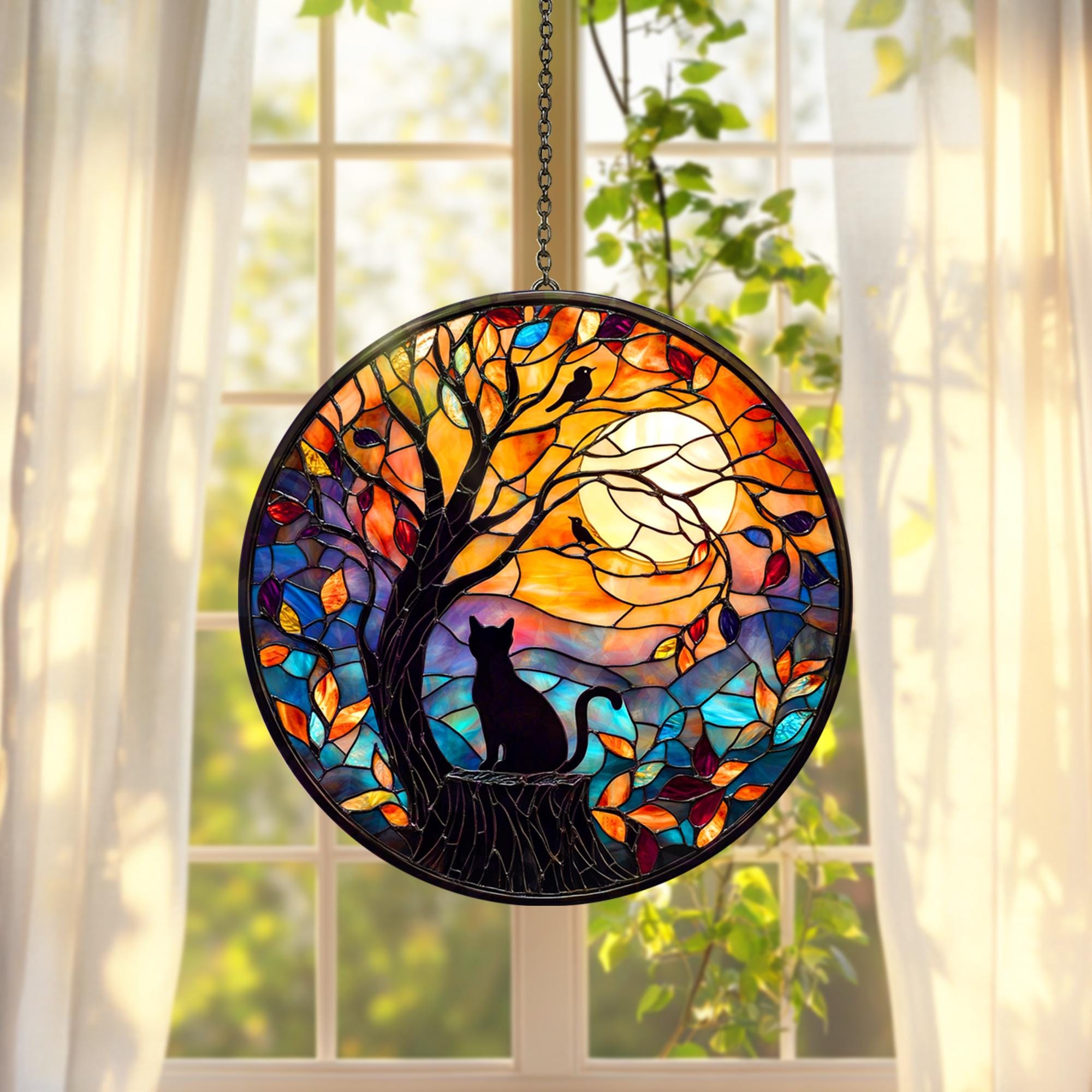 ステンドグラス 窓掛け 赤蝶 手芸 ガラス ウィンドウパネル 12インチ