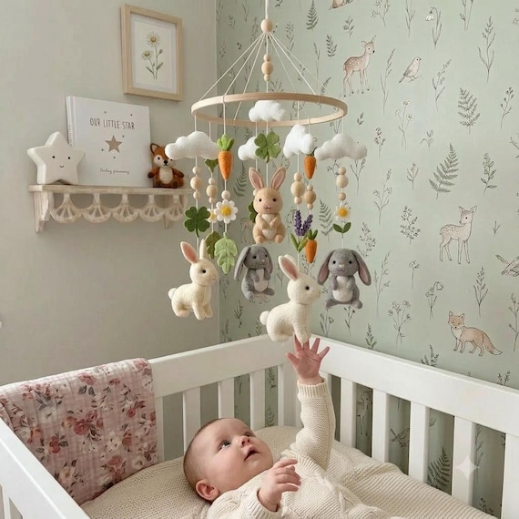 Bunny Baby Mobile, Rabbit Nursery Decor, Woodland Crib Mobile, Felt Bunny Mobile, Baby Girl Nursery Decor, Garden Nursery Mobile, Baby Gifts