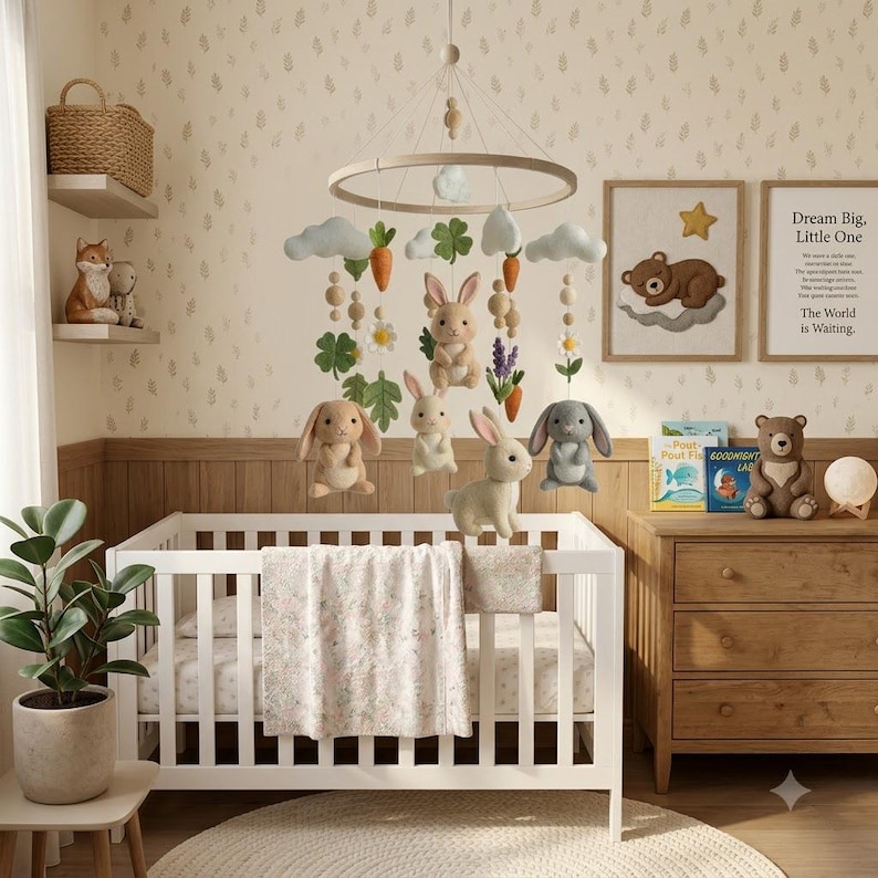 May include: A nursery mobile featuring a circular wooden frame with hanging felt elements including four rabbits in shades of brown and gray, orange carrots, green clover leaves, white daisies, purple lavender sprigs, and light gray clouds.